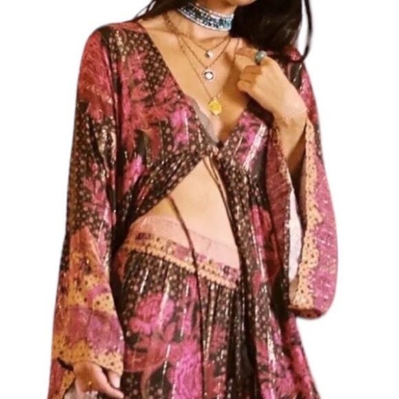 New Free People Antoinette XS|S Pink Brown Gold Thread Floral Ruffle Robe Kimono - Picture 1 of 15